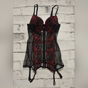 La Senza Black Red Lace Bustier Corset Garter XS
